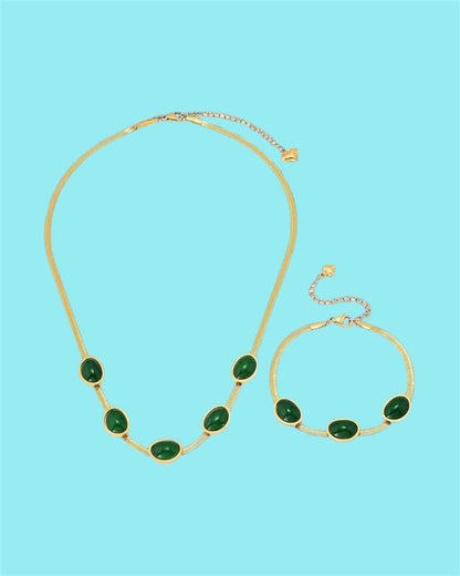 Oval Green Crystal Pendant Necklace Set With Bracelet