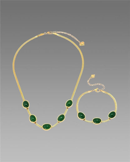 Oval Green Crystal Pendant Necklace Set With Bracelet